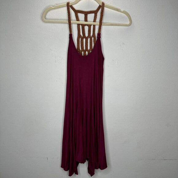 Sky Burgundy Scoop Neck Hand Braided Leather Design Back Strap Flowy Dress XS - Picture 3 of 14